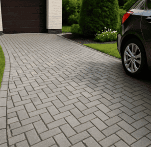 Einfahrt mit Pflastersteinen in modernem Stil gepflastert
