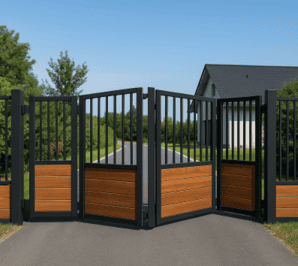 Falttor aus Polen – modernes Falt-Einfahrtstor mit Seitenzäunen, Einfahrtstraße und gepflegter Gartenumgebung.