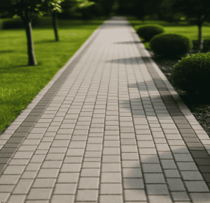 Gehweg aus rechteckigen, hellen Pflastersteinen in Grünanlage