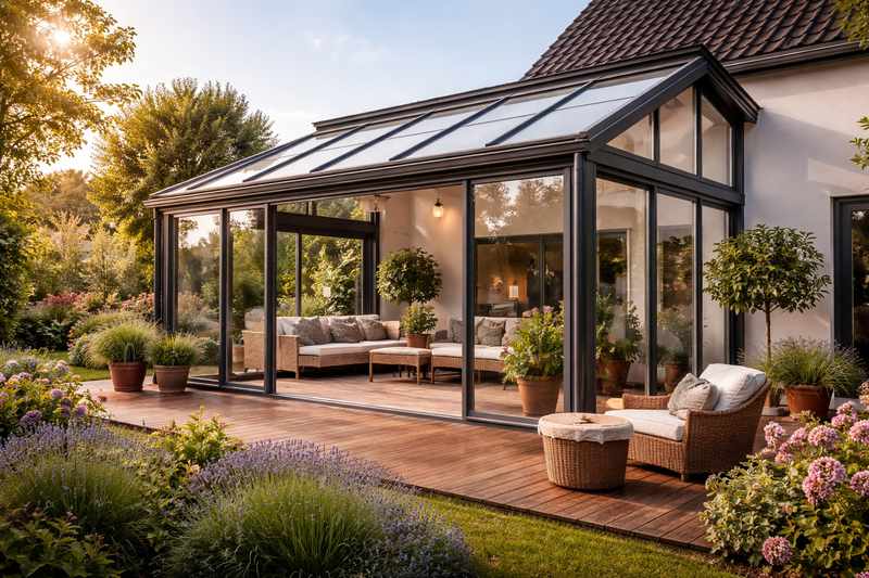 Moderner Wintergarten aus Polen mit Glas und Aluminium an Einfamilienhaus – realistische Ansicht