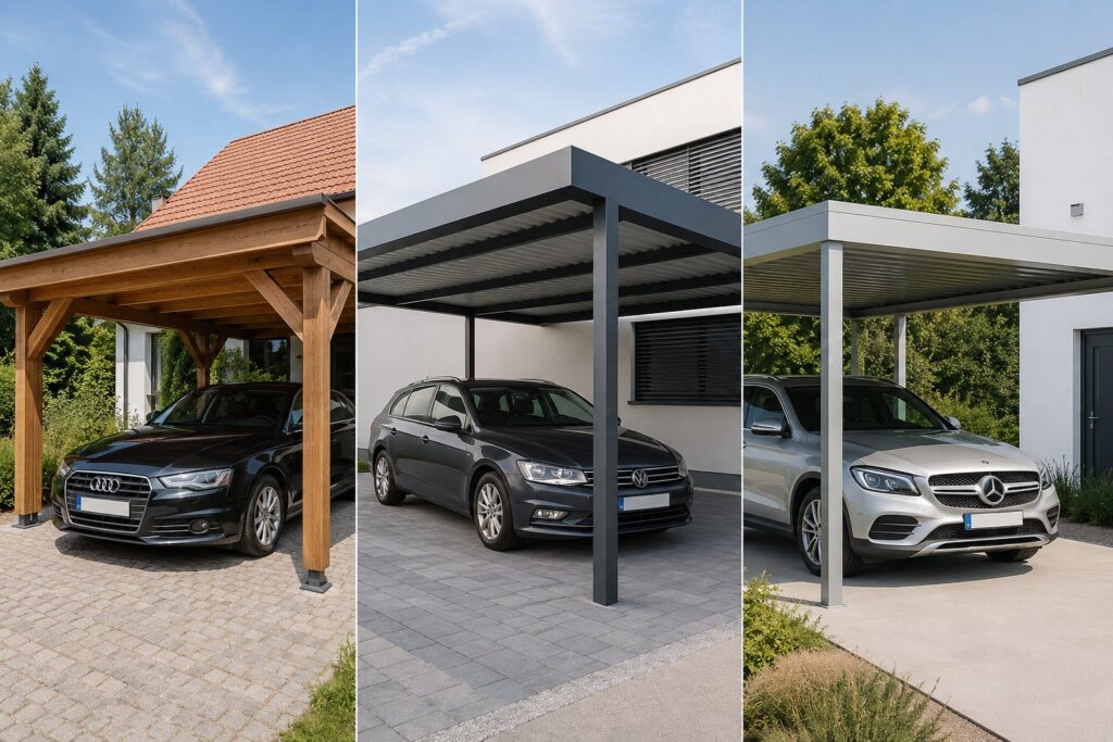 Vergleich von Holz Stahl und Aluminium Carports neben modernen Einfamilienhäusern – polendeals.de