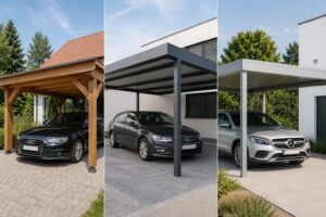 Vergleich von Holz Stahl und Aluminium Carports neben modernen Einfamilienhäusern – polendeals.de