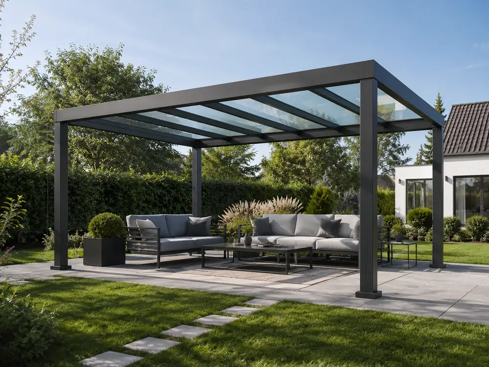 Freistehende Terrassenüberdachung mit Glasdach und Lounge-Bereich im Garten