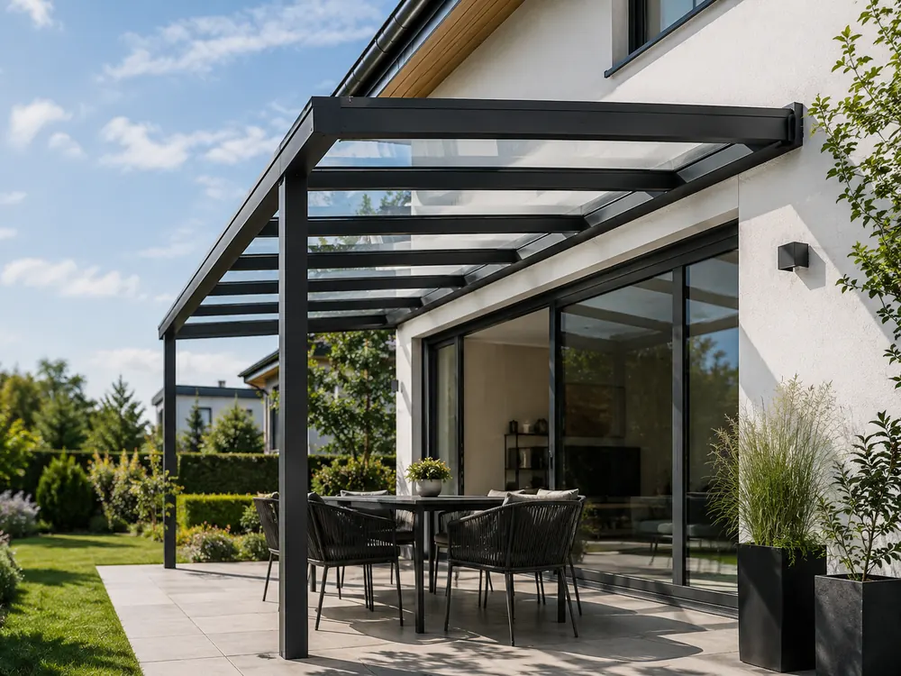 Moderne Terrassenüberdachung aus anthrazitfarbenem Aluminium an einem Einfamilienhaus