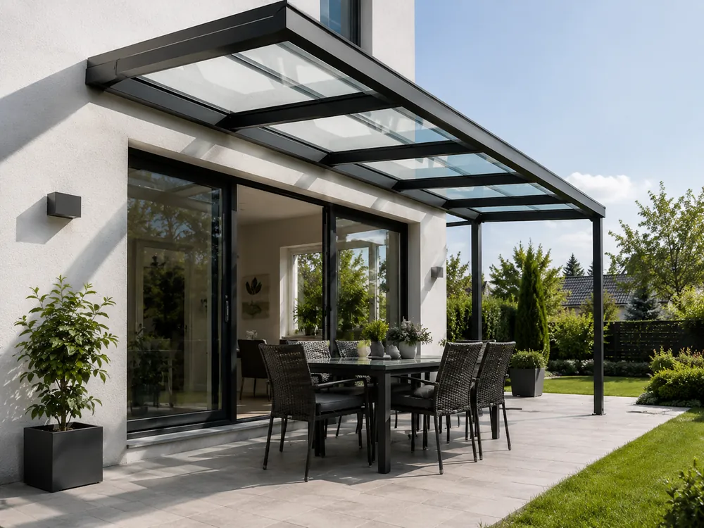 Helle Terrassenüberdachung mit Glasdach und Essbereich an einem Wohnhaus
