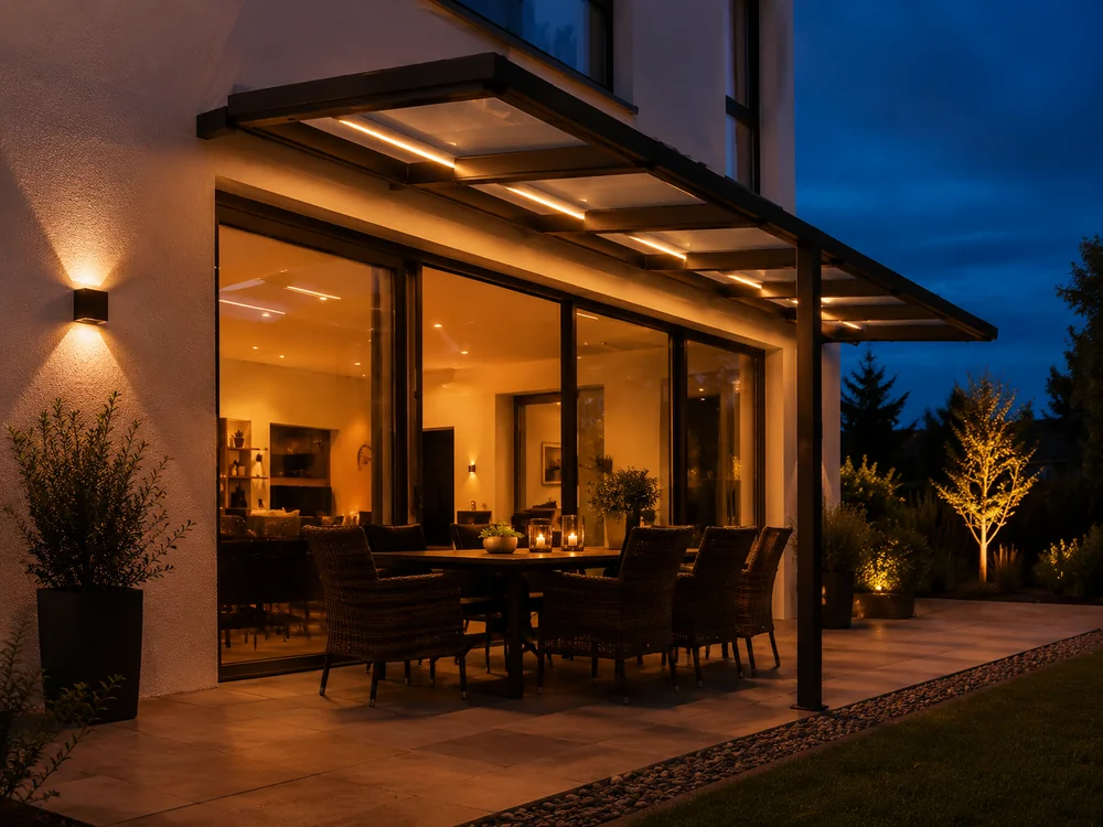 Terrassenüberdachung mit warmer LED-Beleuchtung in stimmungsvoller Abendansicht