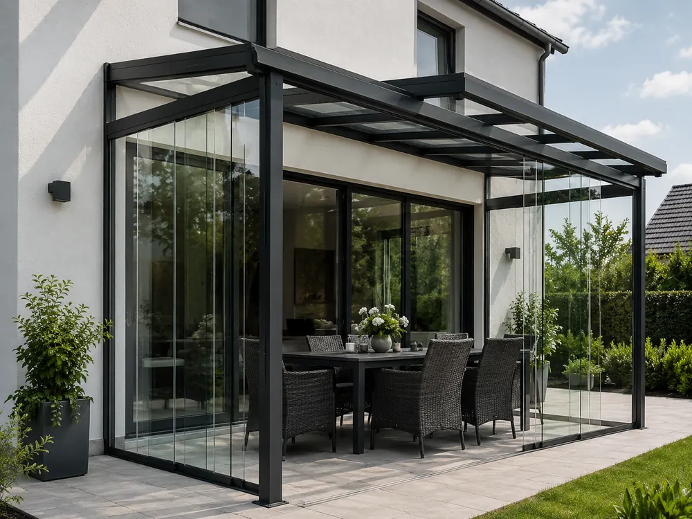 Moderne Terrassenüberdachung mit gläsernen Seitenteilen und geschütztem Essbereich