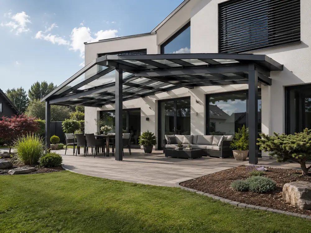 Individuell angefertigte Terrassenüberdachung an einem modernen Einfamilienhaus