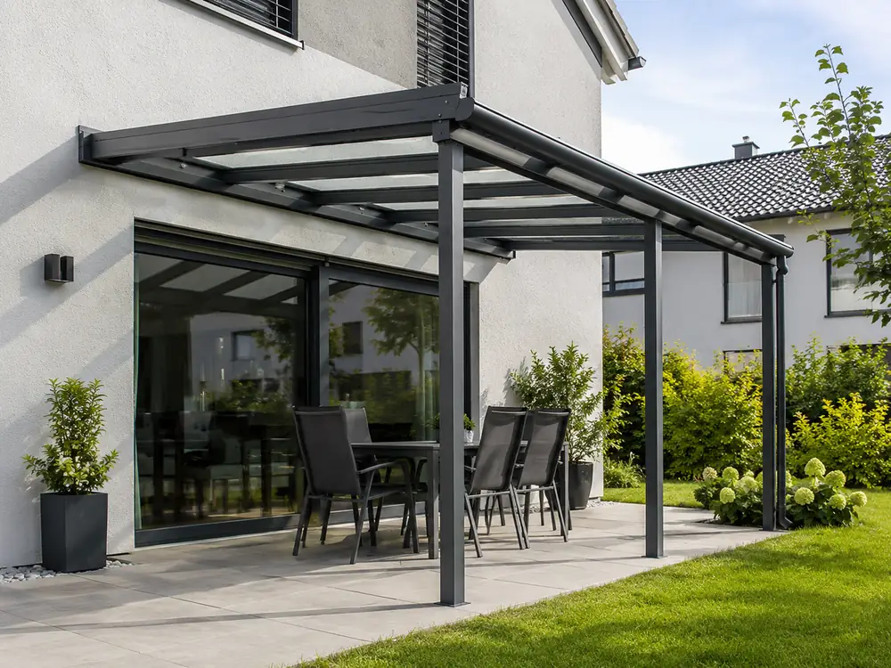 Terrassenüberdachung aus Aluminium mit Wandmontage und modernem Essbereich