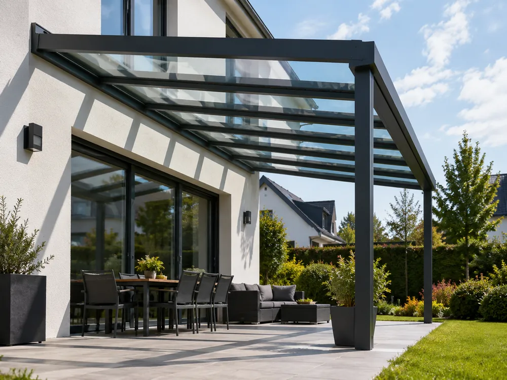 Terrassenüberdachung mit Wandmontage und transparentem Glasdach