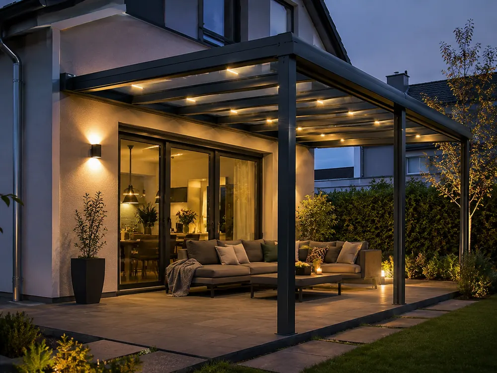 Terrassenüberdachung mit Wandmontage und warmer LED-Beleuchtung bei Nacht