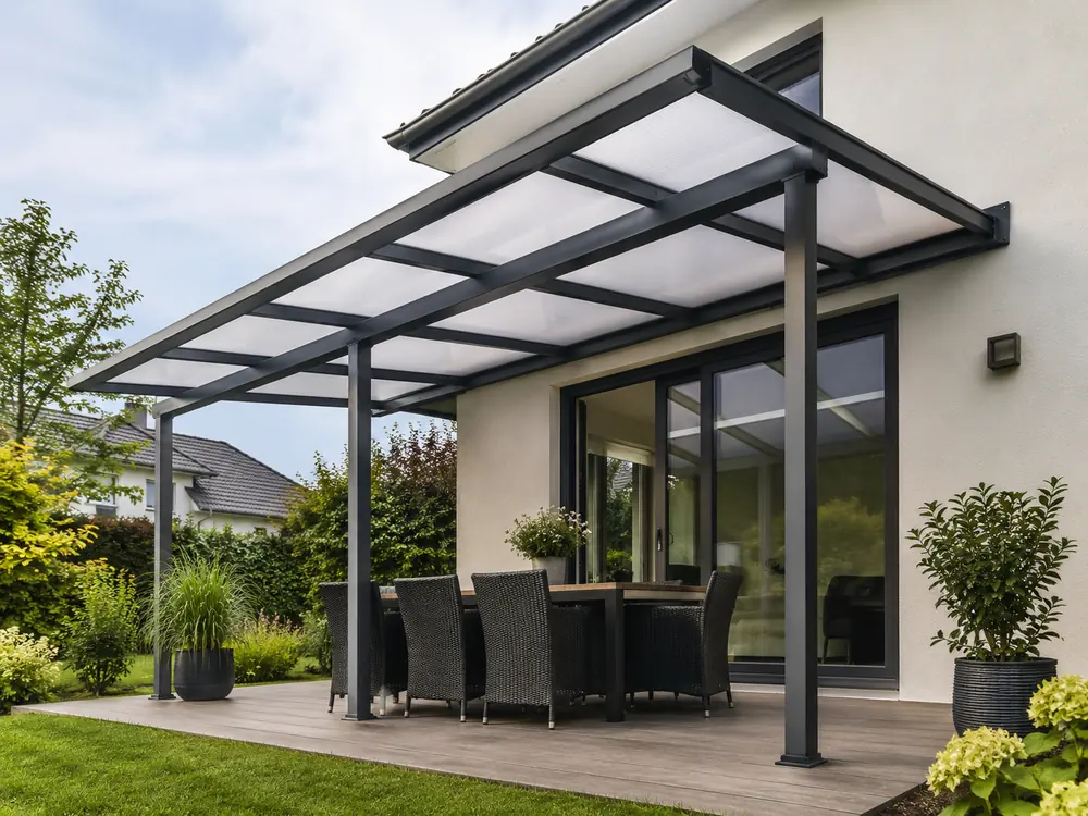 Terrassenüberdachung mit Wandmontage und lichtdurchlässigem Polycarbonatdach