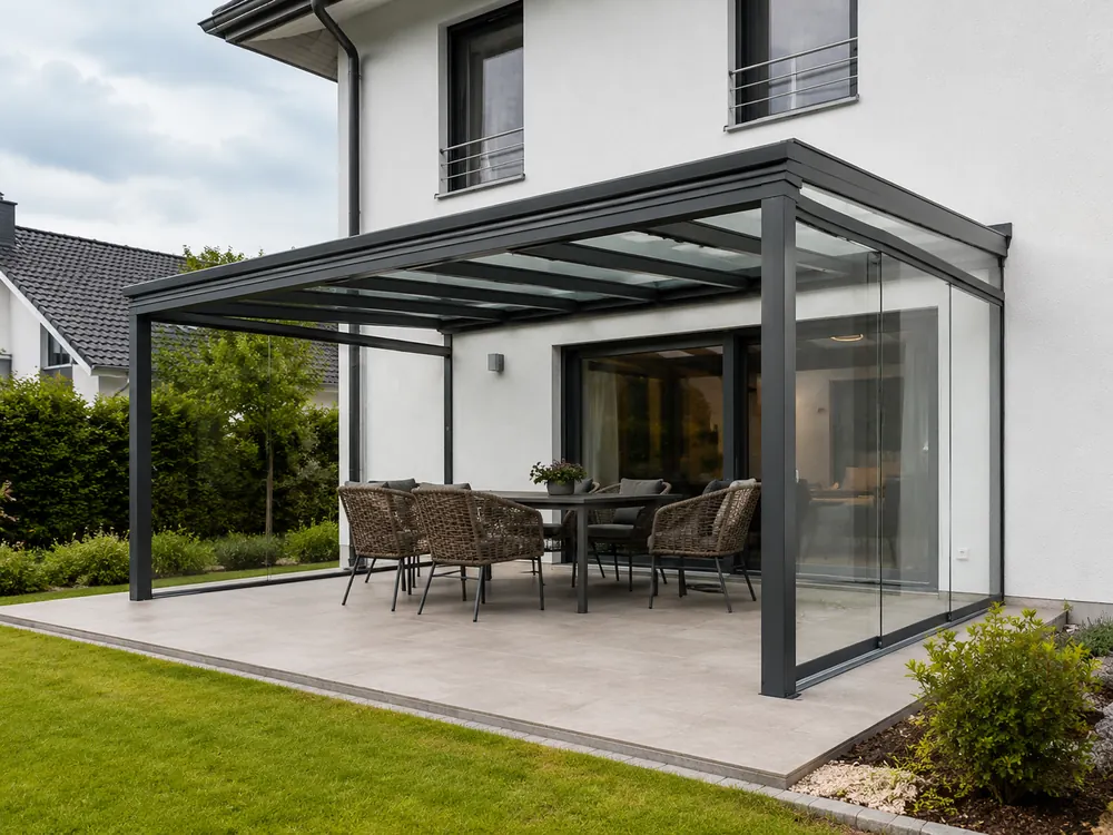 Terrassenüberdachung mit Wandmontage und seitlichen Glaselementen