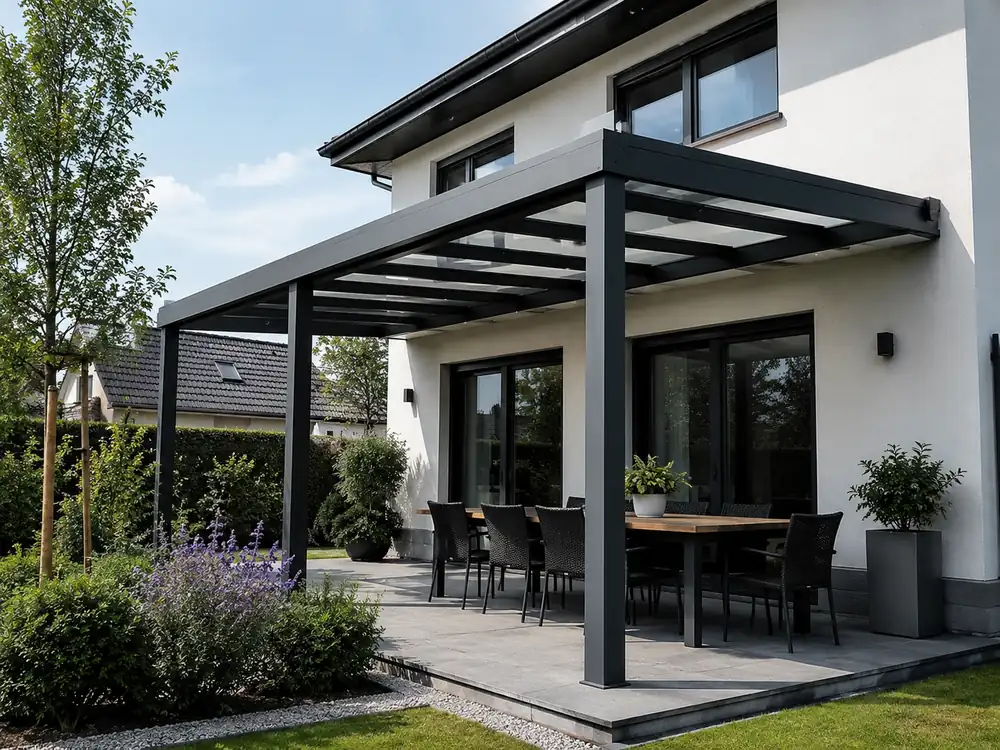 Robuste Terrassenüberdachung aus Stahl mit Wandmontage an einem Wohnhaus